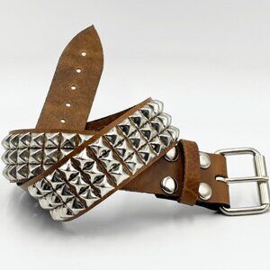 Brown Studded Leather Belt with Silver Pyramid Rivets